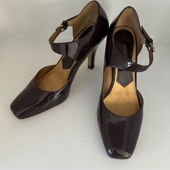 NINE WEST Patent Leather Brown Mary Jane Sandal Heel Ankle Strap Size 8.5 - Picture 5 of 11